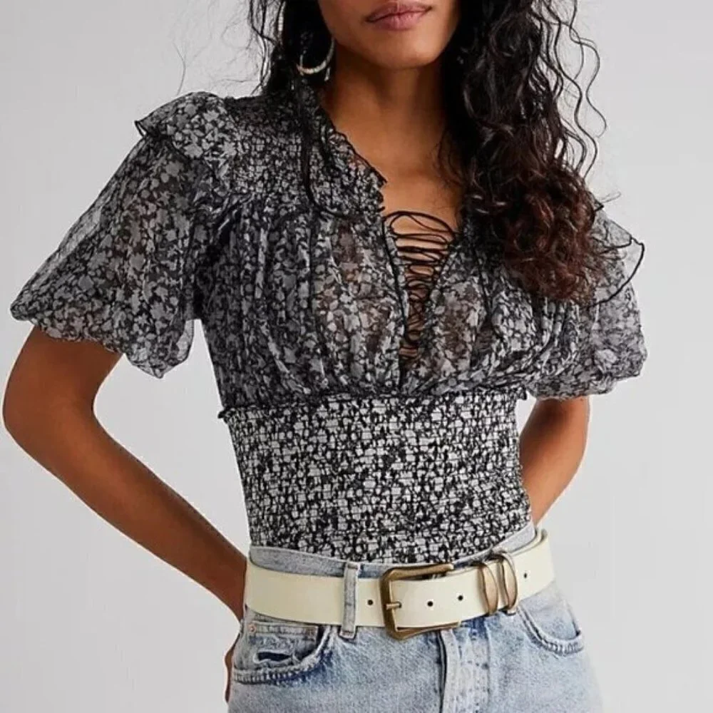 NEW Free People Floral Beatrice Smocked Top Size XS